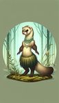 Create a digital illustration of a ferret-like creature. She is standing upright and balancing on her two hind legs while wearing a short skirt made from tightly woven grass. Around her neck, there lies a necklace adorned with glistening glass beads lending her a tribal aesthetic. Despite her anthropomorphic stance, her chest remains featureless, maintaining her animalistic integrity. Her background is a magical forest, characterized by towering trees and sparkling enchantment in the air.
