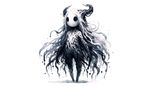 'Made in Abyss' monster girl, presenting hues of white and black across her aesthetic. The style is expressionist and watercolor-like, creating a dreamlike visual interpretation. She depicted in a full body image, capturing the intricacies of her monstrous yet delicate form.