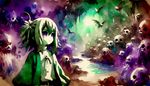 A monster girl from a fictional, underworld anime series bathed in tones of green and purple. This scene is depicted in the style of a watercolor expressionist painting, embodying dreamlike surrealism. The image conjures up a fantastical abyss populated by curious creatures, with the heroine being a unique creature herself. She stands defiant and mysterious, her eyes reflecting the unexplored depths of the underground realm. The flowing style of watercolor painting enhances the fantastical nature of the setting, infusing it with an aura of myth and legend.
