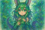 'Made in Abyss' monster girl anime, soft watercolor painting style, with vibrant shades of green, purple, and blue blending together. Ethereal atmosphere, delicate ink outlines, dreamy lighting, highly detailed and expressive eyes