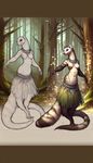 Create a digital illustration of a ferret-like creature. She is standing upright and balancing on her two hind legs while wearing a short skirt made from tightly woven grass. Around her neck, there lies a necklace adorned with glistening glass beads lending her a tribal aesthetic. Despite her anthropomorphic stance, her chest remains featureless, maintaining her animalistic integrity. Her background is a magical forest, characterized by towering trees and sparkling enchantment in the air.