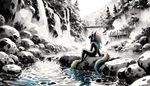 A scene from a fantasy anime where a girl, who has the characteristics of a monster with unique, vibrant colors, is situated in a relaxing hot springs environment, enclosed by rocky landscapes and steaming water. The surrounding nature is lush and peaceful. The style of the image should resemble sumi-e, a traditional East Asian ink wash painting technique that values simplicity, depth, and the art of suggestion over explicit detail. You can notice the soft gradients of black-to-white tones, brush strokes clarity, and overall ephemerality of the scene typical of the sumi-e style.