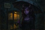 painting with heavy brushstrokes, dark colors, cute adult monster girl purple skin, holding an umbrella at a bus station at night