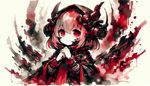 'Made in Abyss' style monster girl anime illustration with prevailing red and black hues. The artwork should convey an expressionistic approach, reminiscent of watercolor techniques, and possess a dreamlike quality.