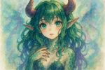 monster girl anime, soft watercolor painting style, with vibrant shades of green, purple, and blue blending together. Ethereal atmosphere, delicate ink outlines, dreamy lighting, highly detailed and expressive eyes