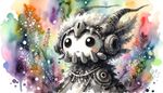 'Made in Abyss' monster girl anime, different shades of white and black for the monster girl but the background is colorful, watercolor expressionist, dreamlike