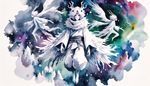 A full body image of a dreamlike monster girl character from an unspecified anime, painted in an expressionistic watercolor-style. The portrayal should vary between different tones of white and black, in a manner reminiscent of an otherworldly atmosphere. The composition should emphasize her unique features and identity.