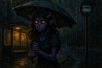 painting with heavy brushstrokes, dark colors, monster girl purple skin, holding an umbrella at a bus station at night