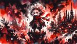 'Made in Abyss' inspired scene featuring a monster-like girl as the main character, with her surroundings and design heavily influenced by red and black hues, resulting in a dramatic atmosphere. The aesthetic draws from the watercolor painting style, with everything appearing slightly surreal and dreamlike, in a way that one might describe as an interpretation of Expressionism.
