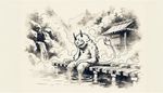 Picture a scene from an anime, showing a lithe monster girl in a traditional Japanese setting of hot springs, depicted in the ancient and wispy style of Sumi-e painting. The girl, an interesting hybrid of human and creature, is relaxing and the steam from hot springs providing an atmospheric backdrop. The drawing technique emphasizes simplicity, yet captures the nuances of the scene, the charm of the monster girl and the tranquility of the hot spring