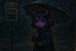 painting with heavy brushstrokes, dark colors, cute monster girl purple skin, holding an umbrella at a bus station at night
