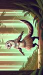 Create a digital illustration of a ferret-like creature. She is standing upright and balancing on her two hind legs while wearing a short skirt made from tightly woven grass. Around her neck, there lies a necklace adorned with glistening glass beads lending her a tribal aesthetic. Despite her anthropomorphic stance, her chest remains featureless, maintaining her animalistic integrity. Her background is a magical forest, characterized by towering trees and sparkling enchantment in the air.
