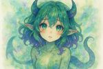 monster girl anime, soft watercolor painting style, with vibrant shades of green, purple, and blue blending together. Ethereal atmosphere, delicate ink outlines, dreamy lighting, highly detailed and expressive eyes