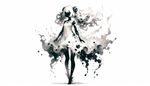 A full body illustration of a dreamlike anime character resembling a monster girl from a generic, unidentified adventure series. She is depicted in varying shades of white and black, utilizing a fluid, nuanced touch reminiscent of the expressionist movement, similar to the aesthetics of a watercolor painting.