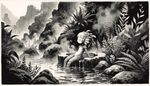 'Made in Abyss' style creature designed as a girl relaxing in a hot spring, presented as a sumi-e (traditional Japanese ink wash) painting. The creature should appear human-like with distinct and unique features inspired by the abyss biodiversity. She is seen enjoying the steamy hot water, surrounded by mystic plants and rocks. The terrain should reflect the abyss’ unparalleled landscape, while the hot spring should emit a tranquil ambiance. The sumi-e style should ensure a monochromatic palette with subtle strokes and gradation capturing the dramatic visual narrative of survival and exploration in this unique fantasy setting.