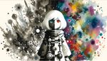 'Made in Abyss' style monster girl artwork, where the character in focus appears in a contrasting palette of varying shades of white and black. However, the surrounding environment is rich with color, painted in a watercolor expressive style, creating a dreamlike atmosphere and juxtaposition against the monochromatic character.