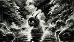 A monster girl from an unspecified anime, submerged halfway in hot springs, rendered in the traditional Japanese sumi-e painting style. The creature has a mythical appearance, fitting for an anime. Enveloped in a combination of steam and ethereal mist, she looks back over her shoulder with enigmatic eyes. The hot springs is situated within a tranquil Japanese-style garden, which is surrounded by lush foliage and moss-covered rocks, sparkling from the reflected light of the setting sun. Sumi-e painting techniques are employed, using rich blacks and nuanced greys to capture both the tangible, physical world and the ephemeral, spiritual aspects of the setting.