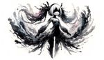 'Made in Abyss' monster girl takes central stage in this watercolor-style, expressionist image. Her full body is presented in an array of striking contrasts between shades of white and black, invoking a dreamlike ambiance. The use of watercolors contributes an additional level of soft fluidity and abstraction, contributing to the overall ethereal whole.