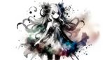A full body image of a dreamlike anime girl who resembles the concept of a creature from the world of cavernous exploration narratives. This character is color-paletted with variations of black and white, creating a monochromatic aesthetic. Her depiction is reminiscent of watercolor expressionism, the artistic style prominent during the late 19th century and early 20th century, characterized by its vibrant colors, strong brushwork, and emotive qualities.