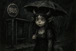 painting with heavy brushstrokes, dark colors, cute adult monster girl with a focus on white and black hues, holding an umbrella at a bus station at night