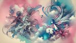 A dreamlike scene featuring a fantastical creature resembling a girl, inspired by aesthetically rich and intricate anime styles. The scenario is enveloped in soft pink and cyan hues, invoking a sense of tranquility and curiosity. Furthermore, the scene's essence is captured through the expressionist method, emulating the organic nature of a watercolour painting's fluidic interaction with paper.