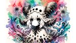 'Made in Abyss' monster girl anime character, with different shades of white and black forming her appearance, set against a vibrant, dream-like background colored with the distinctive techniques of watercolor expressionism.
