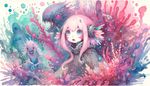 'Made in Abyss' monster girl anime, pink and cyan hues, watercolor expressionist, dreamlike