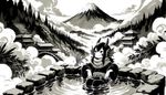 'Made in Abyss' inspired creature girl in an anime style, relaxing in a hot spring with a background depicted in the style of a sumi-e painting; a traditional ink wash painting method popularized in East Asia defined by its use of black ink and gradation unique to the medium. The landscape around the hot springs should encompass elements such as mountains, trees, and possibly clouds, all created with sweeping, expressive brush strokes characteristic to sumi-e.