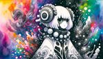 'Made in Abyss' inspired scene with a monster girl character displaying various shades of white and black, set against a contrasting backdrop that boasts vivid and striking colors. The style of depiction is reminiscent of the expressionist movement with a dreamlike quality, achieved primarily through watercolor techniques. The monster girl is unique in her appearance, embodying the fantastical themes often found within anime.