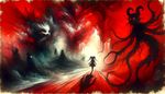 A vision from a dream in the style of expressionist watercolor artwork. The primary hues are red and black. The focal point of this dwells in the realm of fantasy and includes a monster girl, from an ambiguous anime, wandering through an abyss. The image extends a vibe of a profound and mysterious adventure.