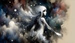 Imagine a fictional element where a girl creature emerges from the depths of a vast abyss. She is an intriguing blend of multiple shades of white and black and borders on the surreal. Her representation takes inspiration from the watercolor expressionist essence, lending her image a dreamlike quality. We'd like to see an illustrative, full-body portrait of this character.