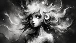 Represent an anime fantasy creature reminiscent of a 'deep subsurface world' adventure, which is a female entity with distortions in the aesthetic of shades of white and black (yet, it's not a monochromatic image). Also, infuse the image with an expressionist and dreamlike feel, alluding to 19th century artistic movements, primarily employ watercolor as the medium.