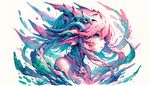 An image of a fantastical girl creature, inspired by the world of abyss exploration, crafted in an anime style with dominant shades of pink and cyan. The visual style is reminiscent of expressionist art but leans more towards a dream-like quality, all executed in the delicate approach of watercolor painting.