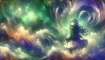 A depiction of a dreamlike scene featuring a girl from a hypothetical fantasy monster-themed anime. The color palette primarily includes hues of green and purple. The artistic style is reminiscent of expressionism and the medium chosen to represent this scene would be that of watercolor. The overall impression gives a sense of depth and ethereal other-worldliness suggestive of exploring unknown abysses.